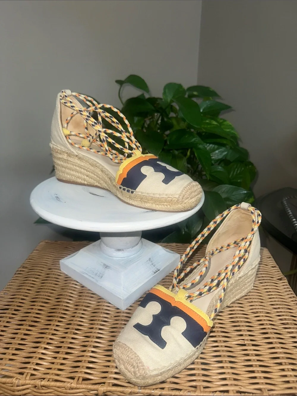 Tory Burch Laguna Canvas Espadrille Wedges with Navy Logo ankle wrap
